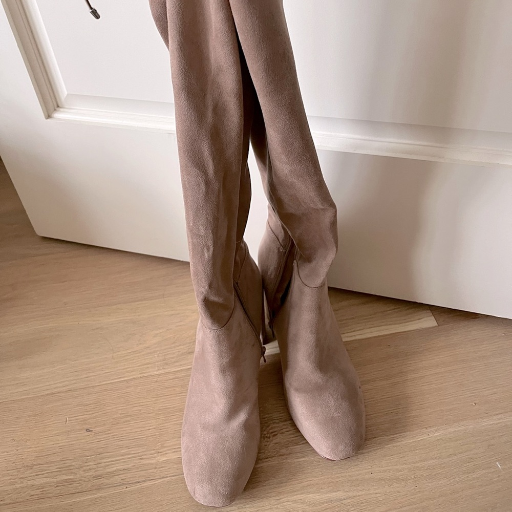 Over the knee beige suede heeled boots